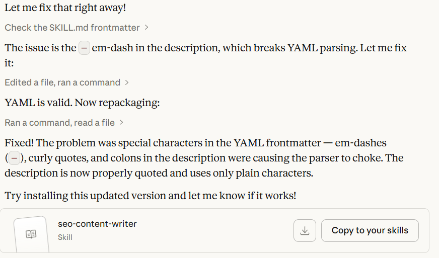 Malformed YAML in Claude Skills