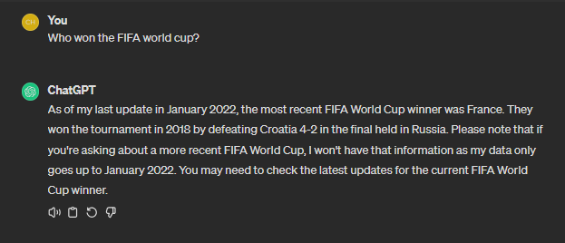 ChatGPT's response to an inquiry of the winner of FIFA World Cup 2022