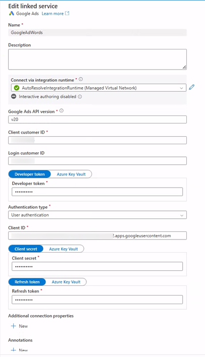 Azure Synapse/ Data Factory - Edit linked service Google Ads