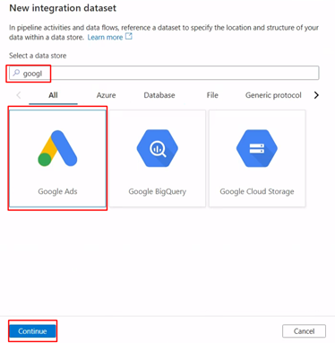 Azure Synapse/ Data Factory - Creating a dataset using Google Ads linked service