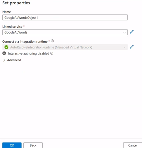 Azure Synapse/ Data Factory - Creating a dataset using Google Ads linked service